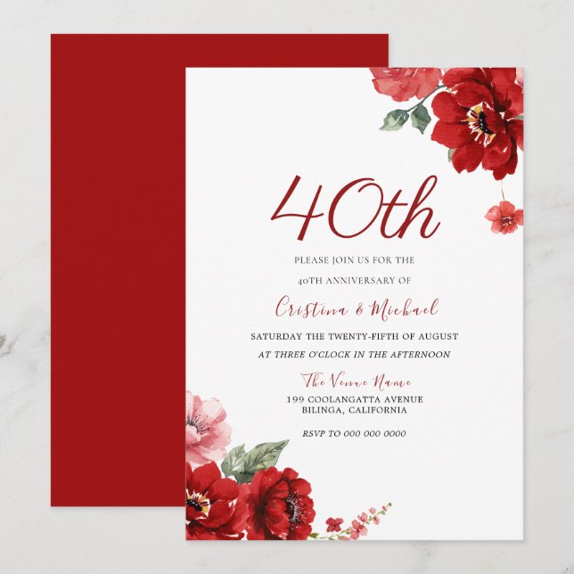 Convites Romântico Rubi Vermelho Floral 40º Aniversário (Frente/Verso)
