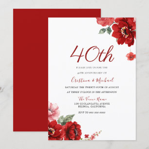Convites Romântico Rubi Vermelho Floral 40º Aniversário