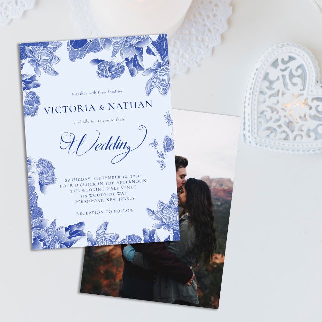 Convites romântico Rustic Blue Floral com Photo Wedding (Criador carregado)