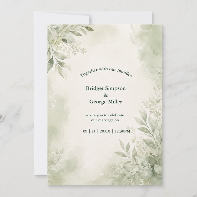 Convites Romântico Sage Eucalipto Verde Casamento (Frente)