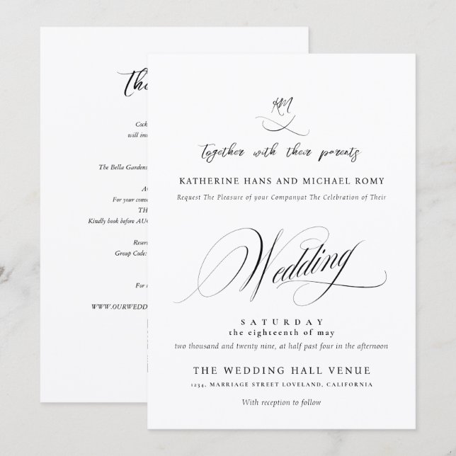 Convites Romântico Script Caligrafia Elegante Casamento (Frente/Verso)
