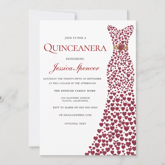 Convites Romântico Vermelho Cardíaco Vestido Quinceanera Co (Frente)