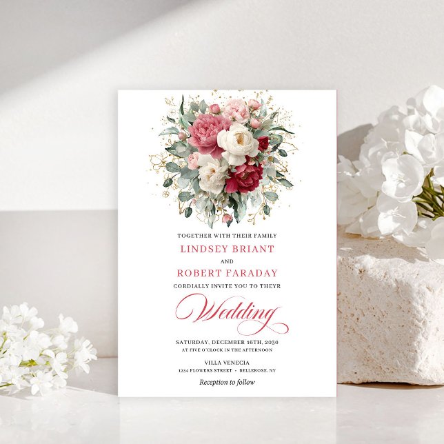 Convites Românticos Boêmios Vermelho Carmesim Bran (Romantic Bohemian Crimson Red White Gold Invitation)