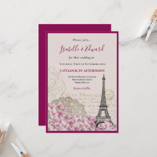 Convites Românticos Botões Cor-de-Rosa Casamento Torre Eiff