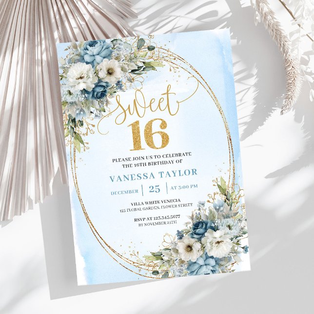 Convites Românticos Dusty Blue Flores Sweet Sixtee (Romantic Dusty Blue Flowers Sweet Sixteen Invitation)