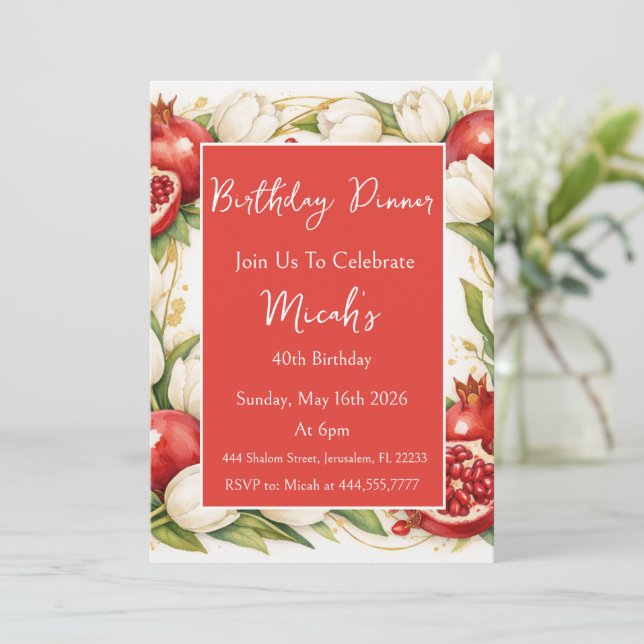 Convites Romãs Tulipas Aquarela Vermelho Branco Moderno (Em pé/Frente)