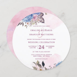 Convites Ronda de Casamento Floral Azul-Rosa-Rosa-Cristão