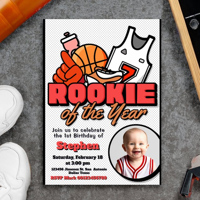 Convites Rookie do Ano - Boy First Birthday Basball (Rookie of the Year - Boy First Birthday Basketball Invitation with Photo Picture)