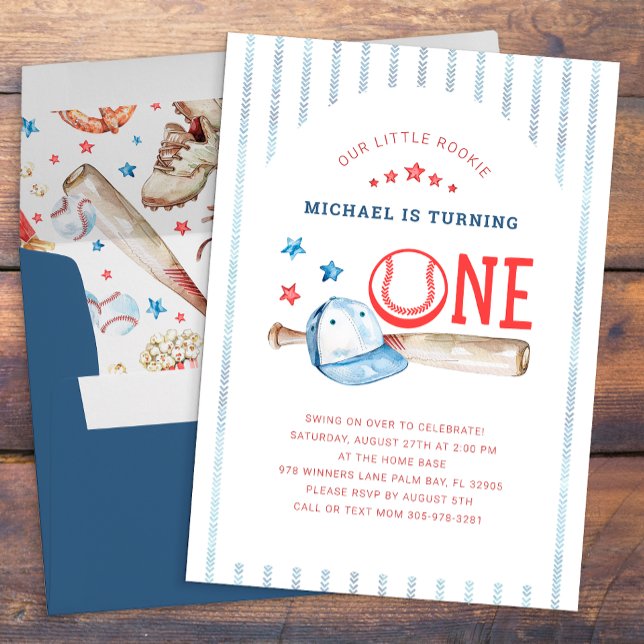 Convites Rookie do Ano do primeiro aniversario do Baseball  (1st Birthday Party Invite - Baseball Themed)