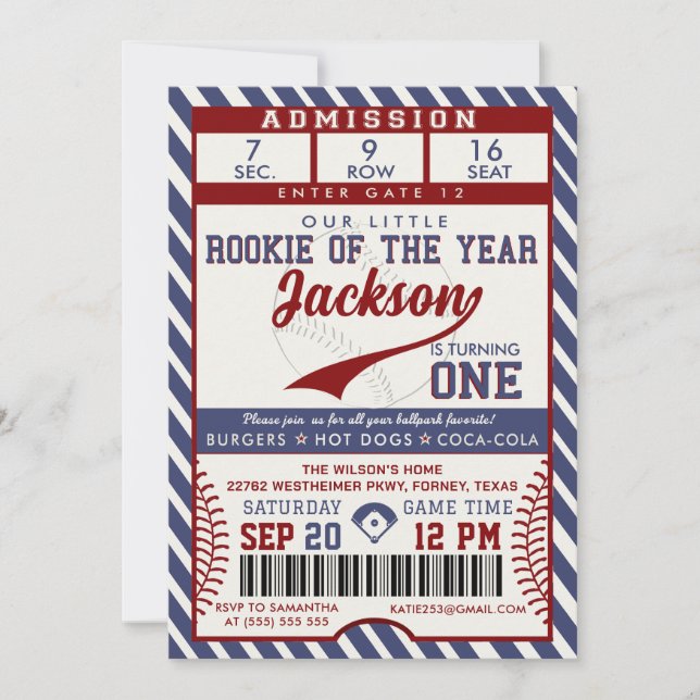 Convites Rookie of the Year 1st Birthday Baseball Ticket (Frente)