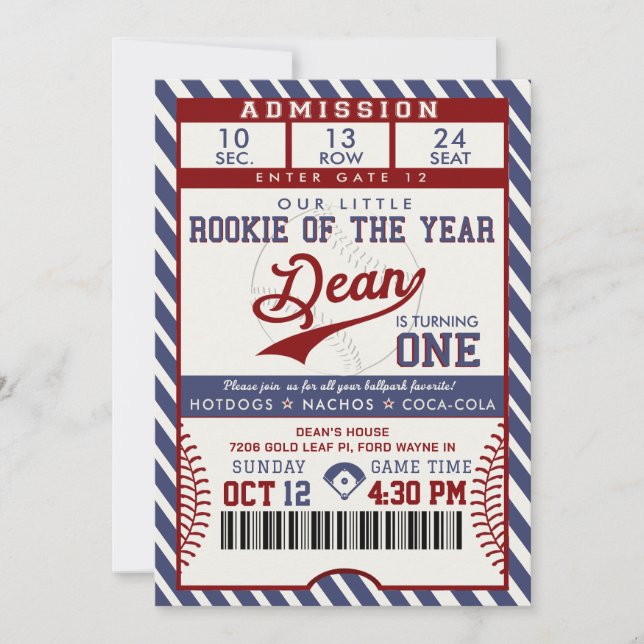 Convites Rookie of the Year Birthday Baseball Ticket (Frente)