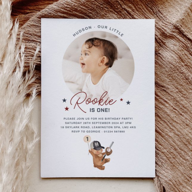 Convites Rookie primeiro aniversario Bear - Foto (Bear with 3 Brown Balloons - Photo Birthday Invitation)