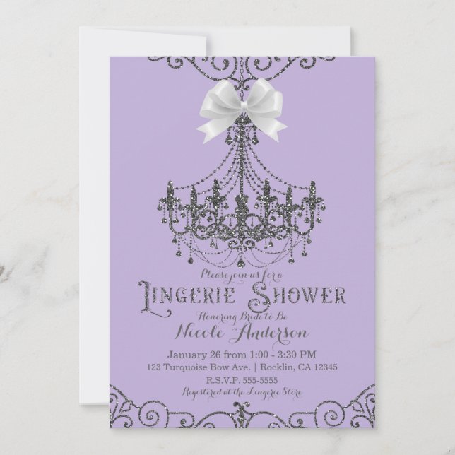 Convites Ropa Interior com Laço Branco Roxo e Prata para o  (Frente)