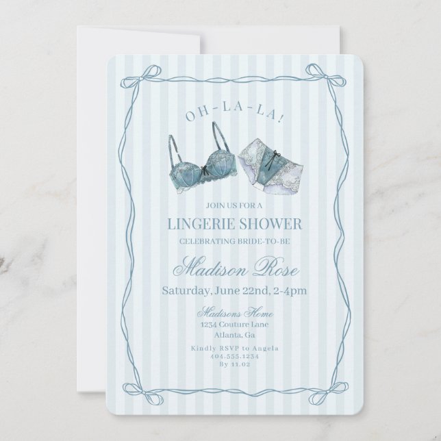 Convites Ropa Íntima Azul de Renda para Chá de Lingerie (Frente)