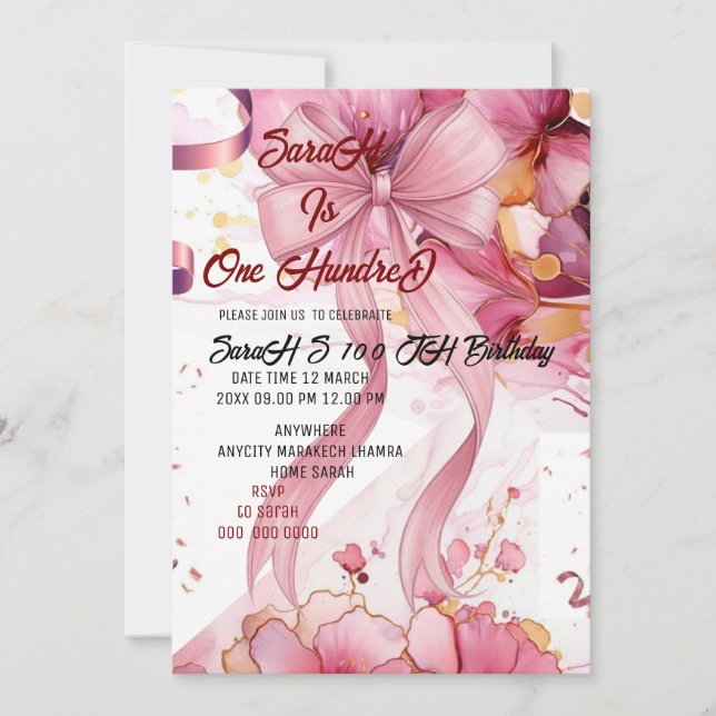 Convites Rosa 100º presente de aniversário (Frente)