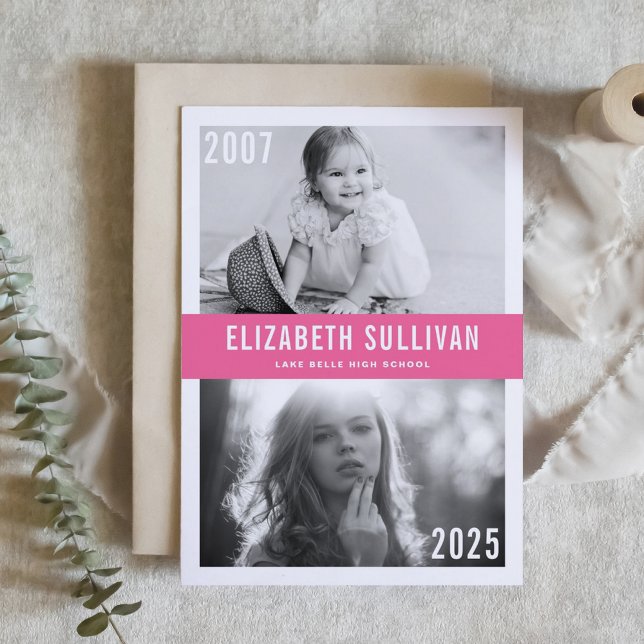 Convites Rosa Agora e Depois Graduação de Colagem de Fotos (Customizable 'Then and Now' Photo Graduation Invitation with pink background – Personalized Invite)