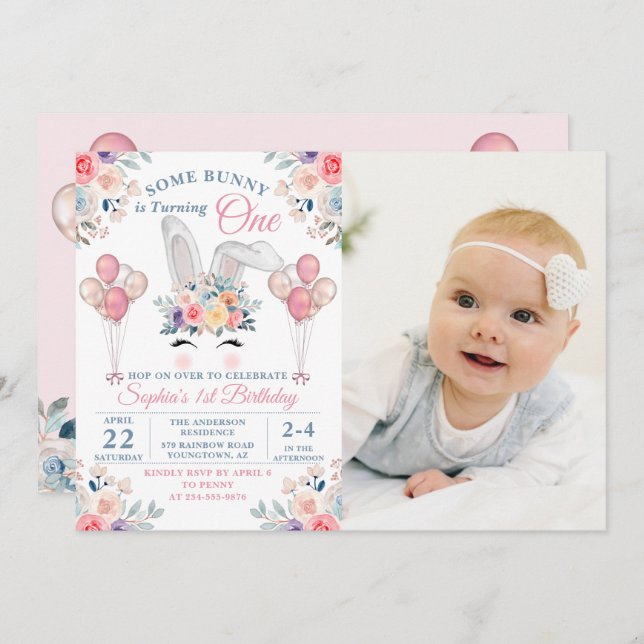 Convites Rosa Algumas Fotografias De primeiro aniversario D (Frente/Verso)