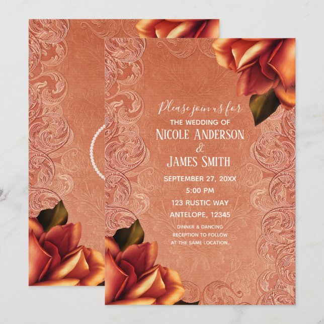 Convites Rosa Antiga Vintage Laranja Pêssego Casamento Eleg (Frente/Verso)