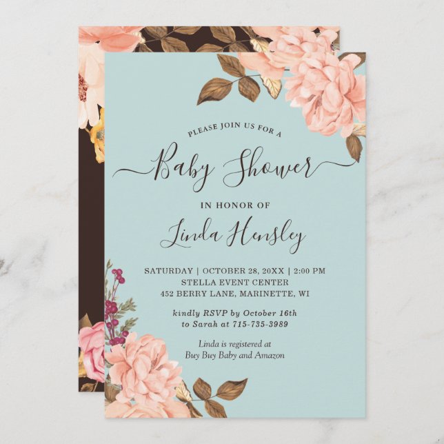 Convites Rosa Azul  Azul Claro Dusty Chá de fraldas (Frente/Verso)