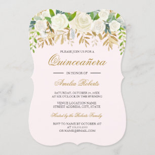 Convites Rosa Azul Dourado Floral Folha Aquarela Quinceaner
