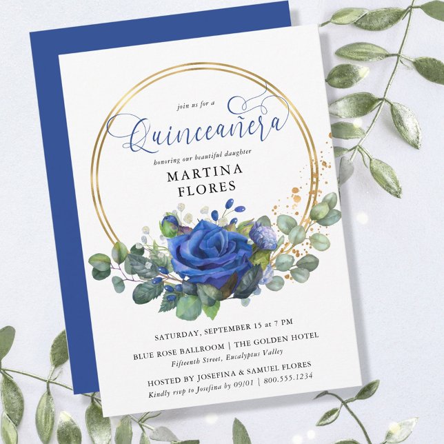 Convites Rosa azul e Eucalyptus Elegante Quinceanera (Criador carregado)