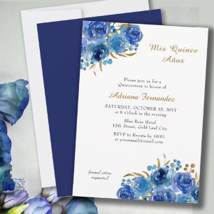 Convites Rosa Azul e Folha de Ouro Quince Anos Quinceanera