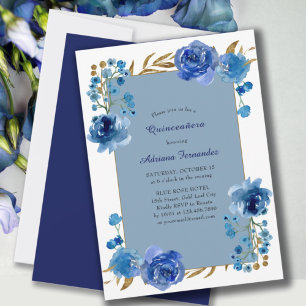 Convites Rosa Azul e Folha Dourada Elegante Floral Quincean