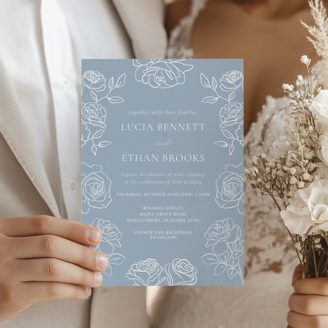 Convites Rosa Azul Empoeirada Casamento Botânico Elegante (Criador carregado)