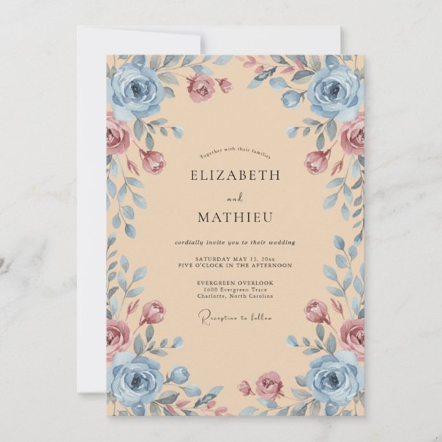 Convites Rosa Azul Empoeirada Casamento Caprichoso (Frente)