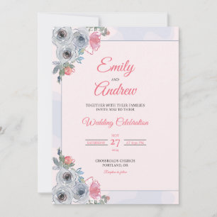 Convites Rosa Azul Empoeirada Elegante Floral Aquarela Casa