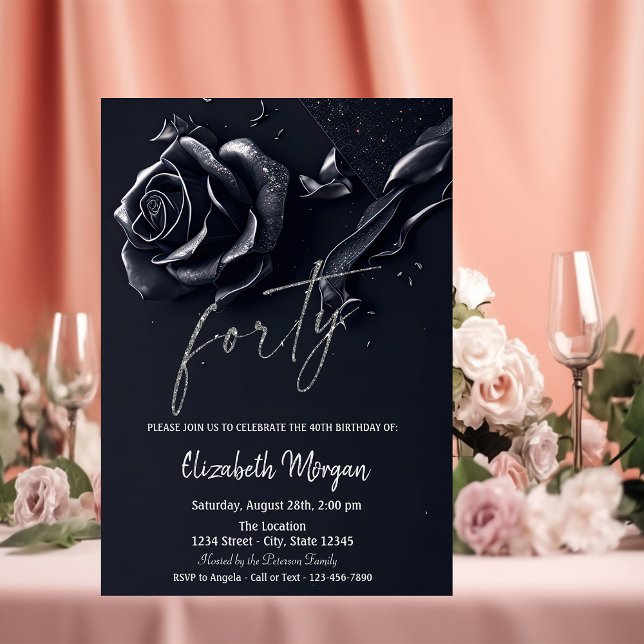 Convites Rosa Azul Escuro Gótico 40º Aniversário (Criador carregado)