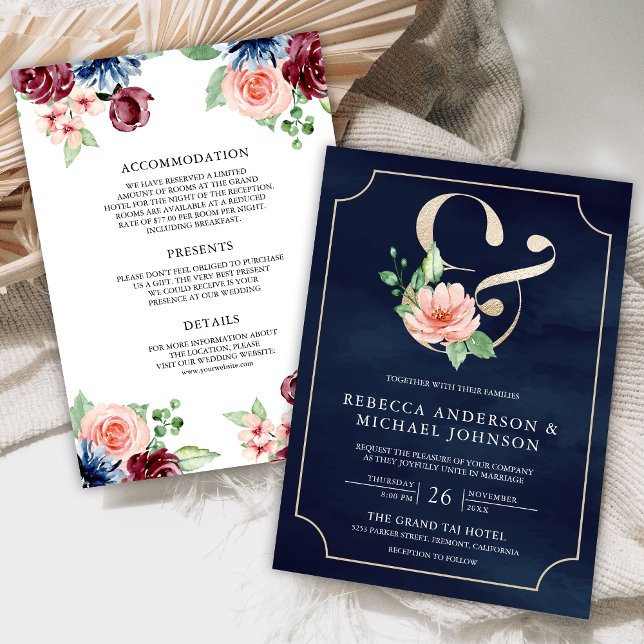 Convites Rosa Azul Marinho Burgundy Floral E Comercial Wedd (Criador carregado)