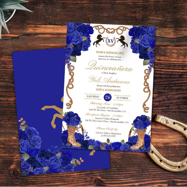 Convites Rosa Azul Marinho Ocidental Charro Quinceañera (Criador carregado)