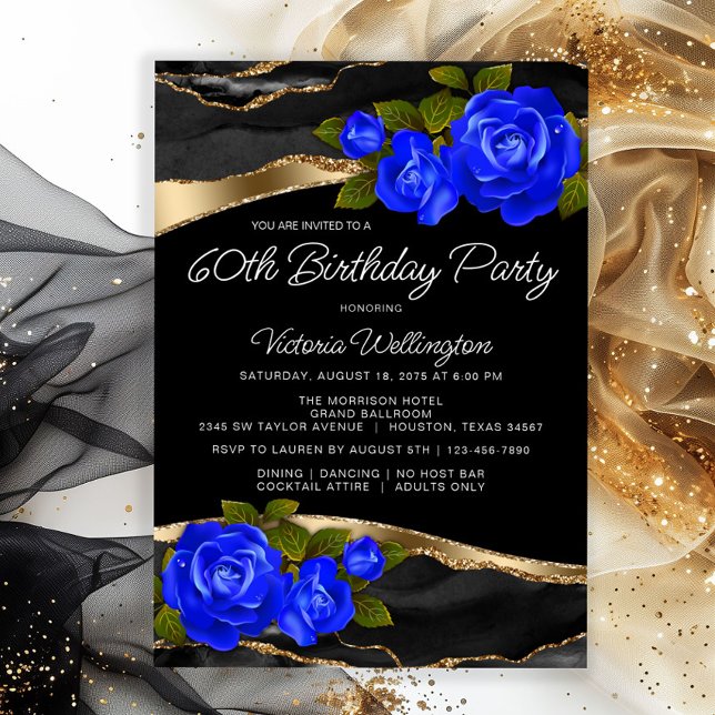 Convites Rosa azul preto Dourado qualquer número Aniversári (Elegant blue roses on a beautiful black and gold background any number birthday or event invitation.)