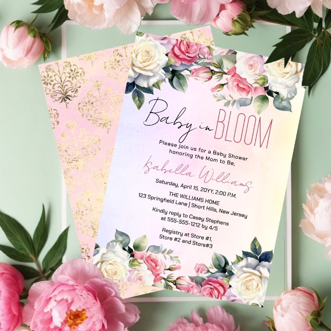 Convites Rosa bebê em Bloom Chá de fraldas Floral (Pink and White Roses Baby in Bloom Girl Floral Baby Shower Invitation)