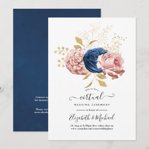 Convites Rosa Bege, Azul Marinho e Floral Dourado Casamento