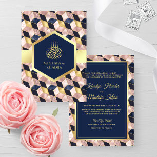 Convites Rosa Bege Azul Marinho Geométrico Casamento Muçulm