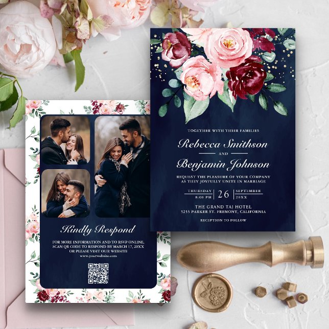 Convites Rosa Bege Bordô Floral Código QR Casamento Azul Ma (Criador carregado)