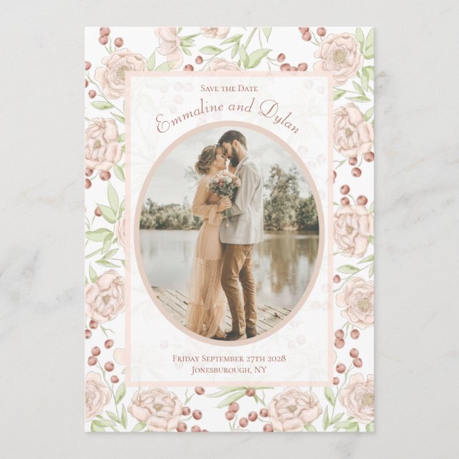 Convites Rosa Bege Casamento Vintage Salve a Data (Frente)