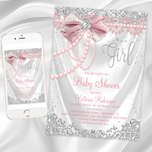 Convites Rosa Bege Cinza Diamante Pérola Chique Baby Shower
