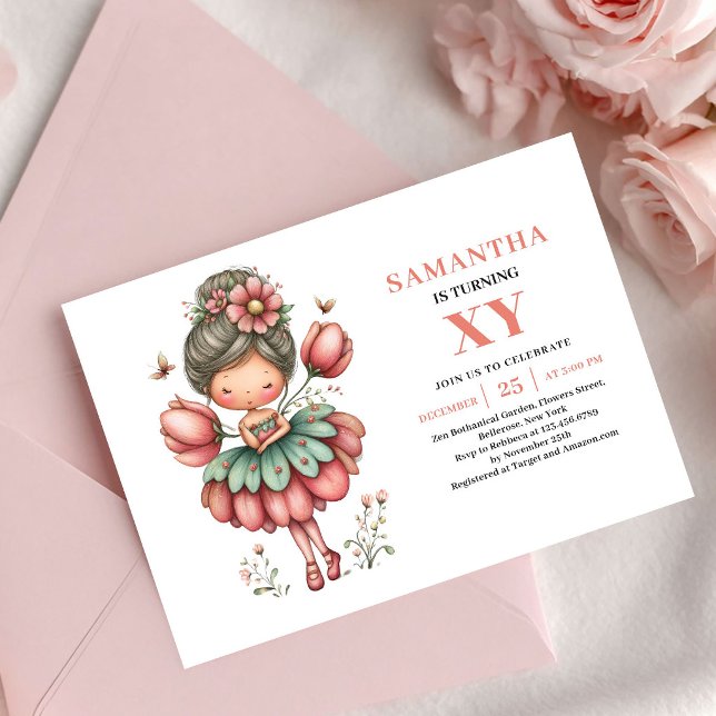 Convites Rosa Bege de Aniversário de Menina Conto  (Fairytale Fairy Girl Birthday Blush Pink invitation)