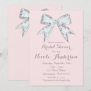 Convites Rosa Bege Diamante Brilho Laço Glamour Chuveiro de