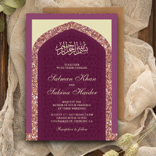 Convites Rosa Bege Dourado Brilho Mihrab Casamento Muçulman
