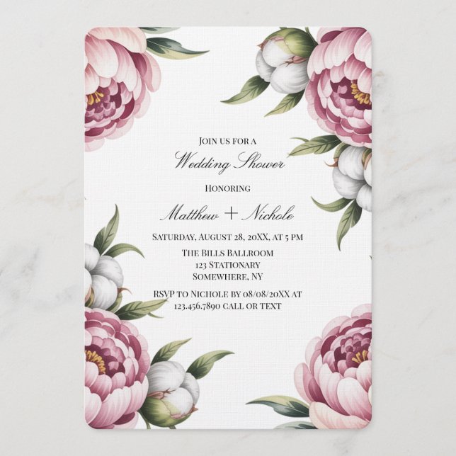 Convites Rosa Bege e Chuva de Algodão no Casamento (Frente)