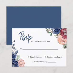 Convites Rosa Bege e Floral Watercolor Azul-Marinho   Casam