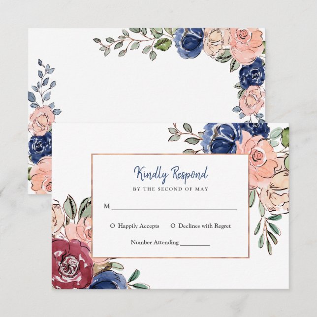 Convites Rosa Bege e Geométrico Floral Naval | Casamento (Frente/Verso)