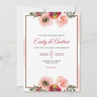 Convites Rosa Bege Elegante Floral Aquarela Casamento