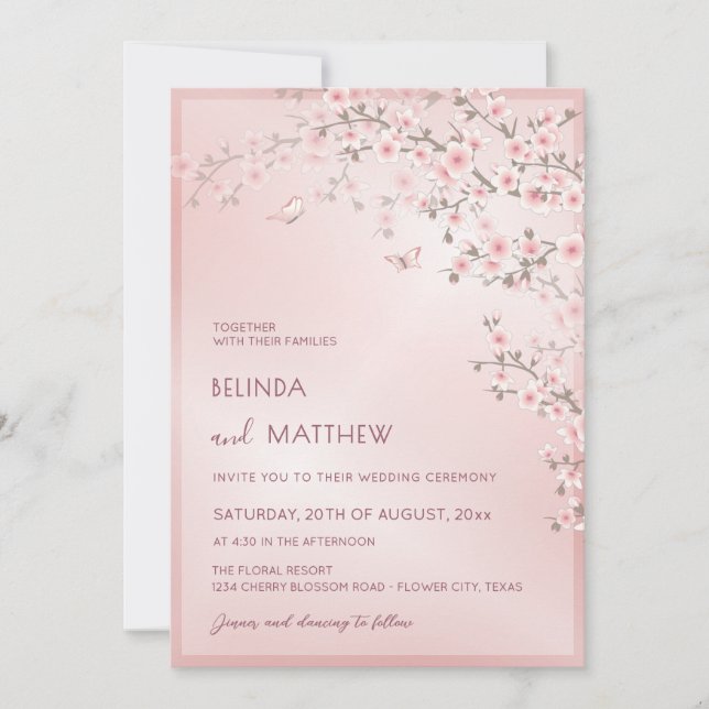 Convites Rosa Bege Flor de Cerejeira | Casamento Fotográfic (Frente)