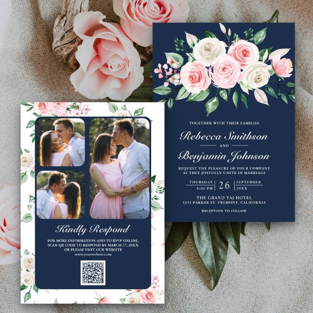 Convites Rosa Bege Floral Azul Marinho Código QR Casamento (Criador carregado)
