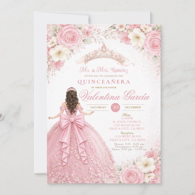 Convites  Rosa Bege Marfim Quinceañera Arco Rosa (Frente)